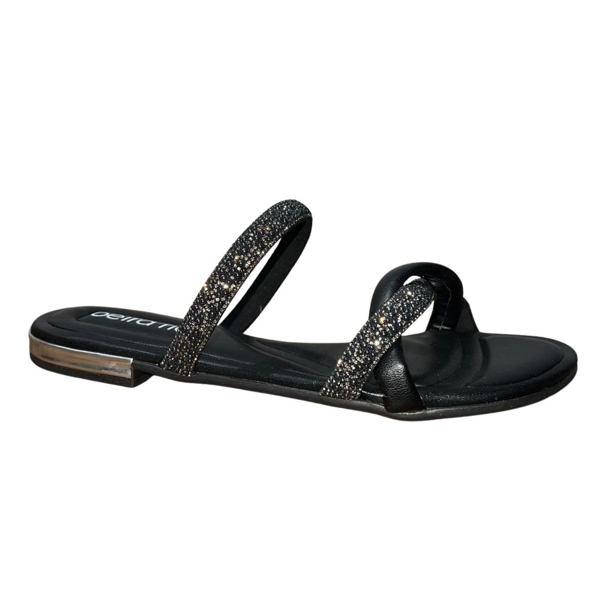 Sandália Rasteira Slide de Tiras com Pedrarias Feminino Beira Rio 8263.976 Preto Preto 2