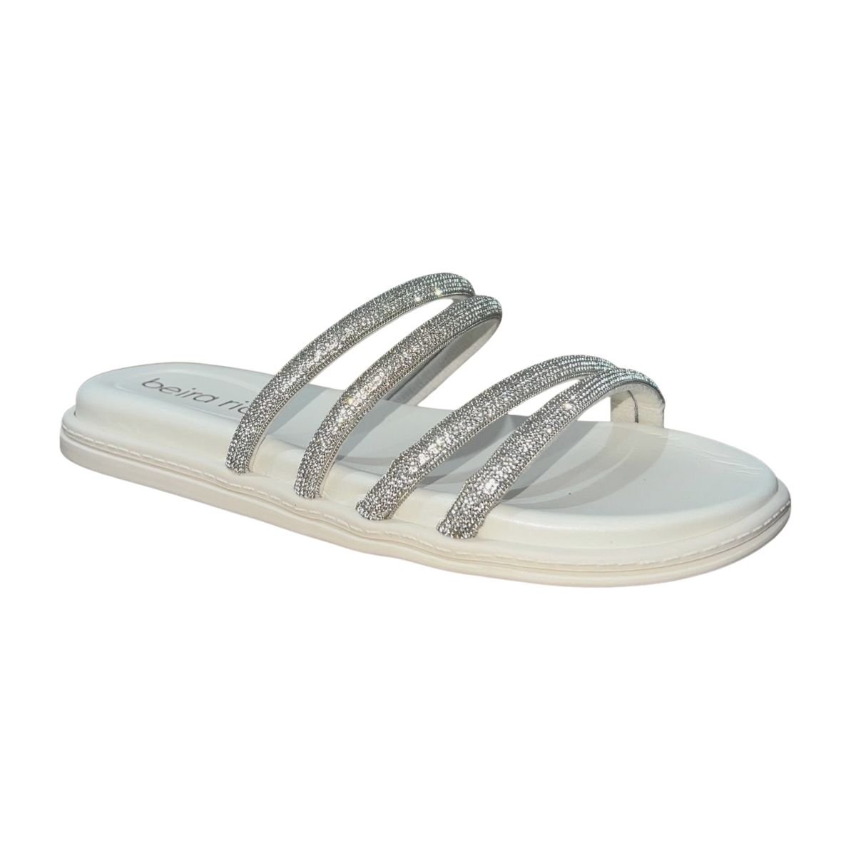 Sandália Rasteira Slide de Tiras com Pedrarias Feminino Beira Rio 8488.125 Branco Branco 2