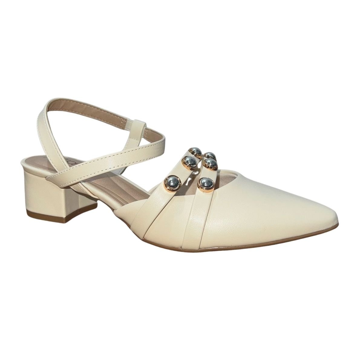 Scarpin Slingback de Salto Bloco com Pedrarias Feminino Beira Rio 4182.230 Creme Creme 2