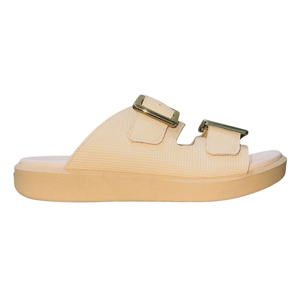 Tamanco Slide Flatform com Fivela de Couro Feminino Usaflex UC1402004 Bege