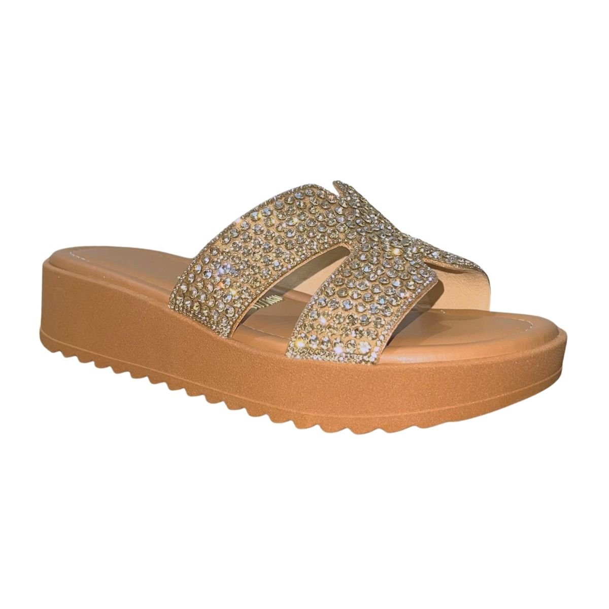 Sandália Flatform Slide com Pedrarias Feminino Vizzano 6492.334 Marrom Dourado 2