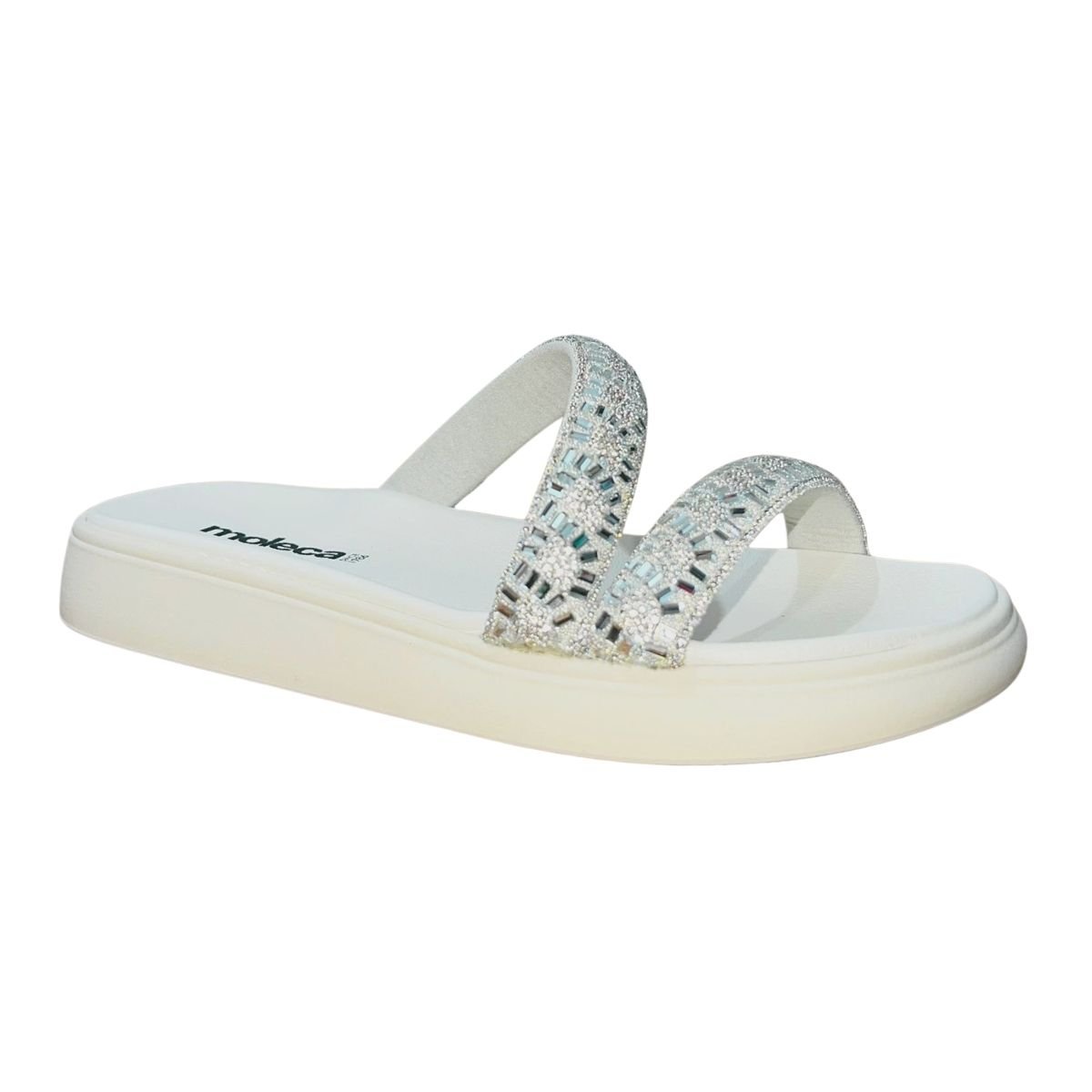 Sandália Rasteira Slide de Tiras com Pedrarias Feminino Moleca 5469.139 Branco Branco 2
