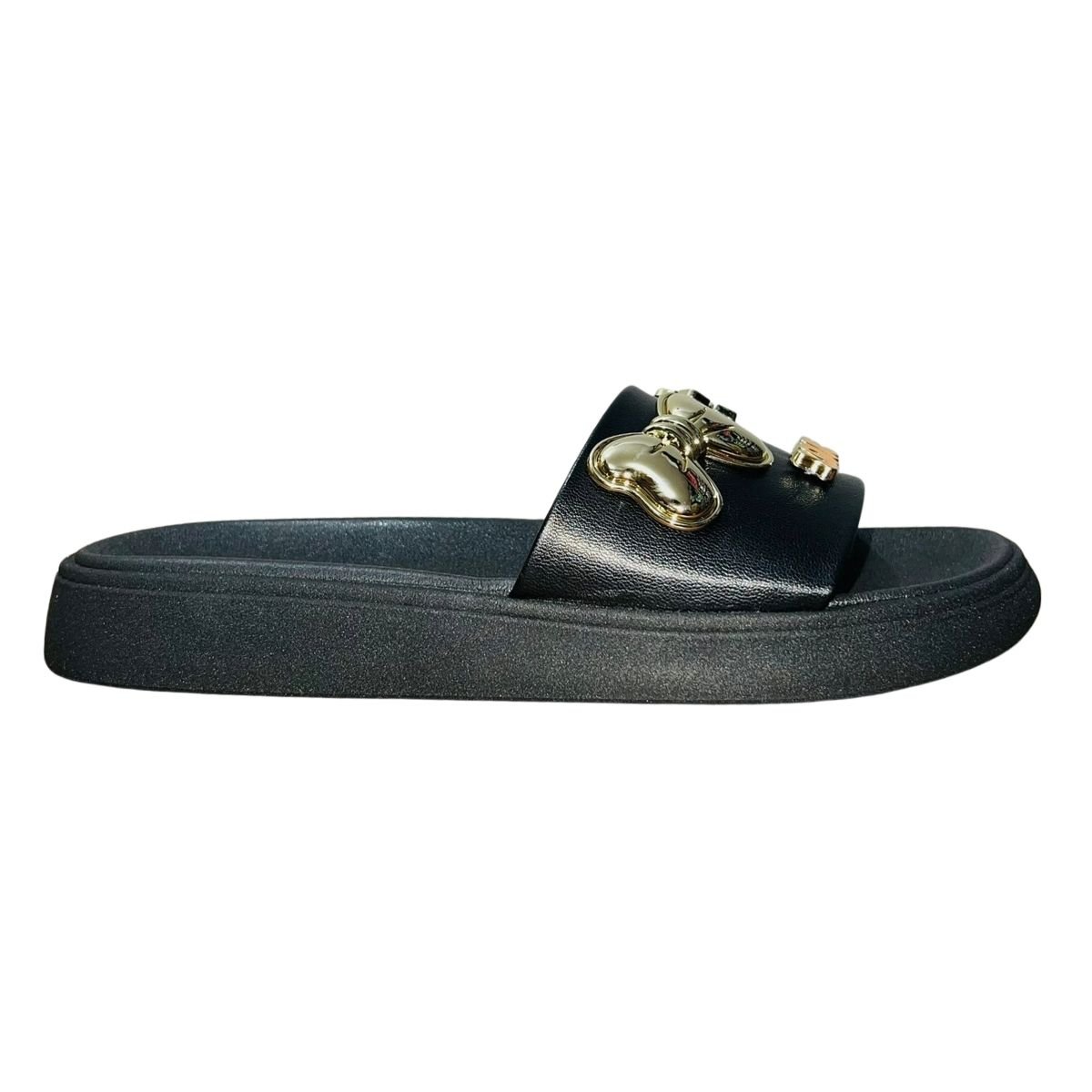 Tamanco Rasteiro Slide com Aplique Feminino Moleca 5469.151 Preto