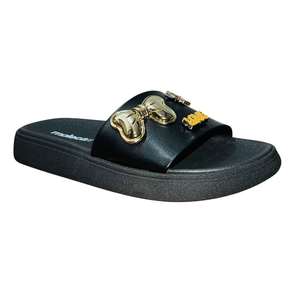 Tamanco Rasteiro Slide com Aplique Feminino Moleca 5469.151 Preto Preto 2