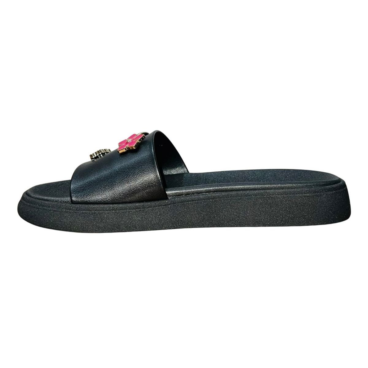 Tamanco Rasteiro Slide com Aplique Feminino Moleca 5469.151 Preto Preto 4