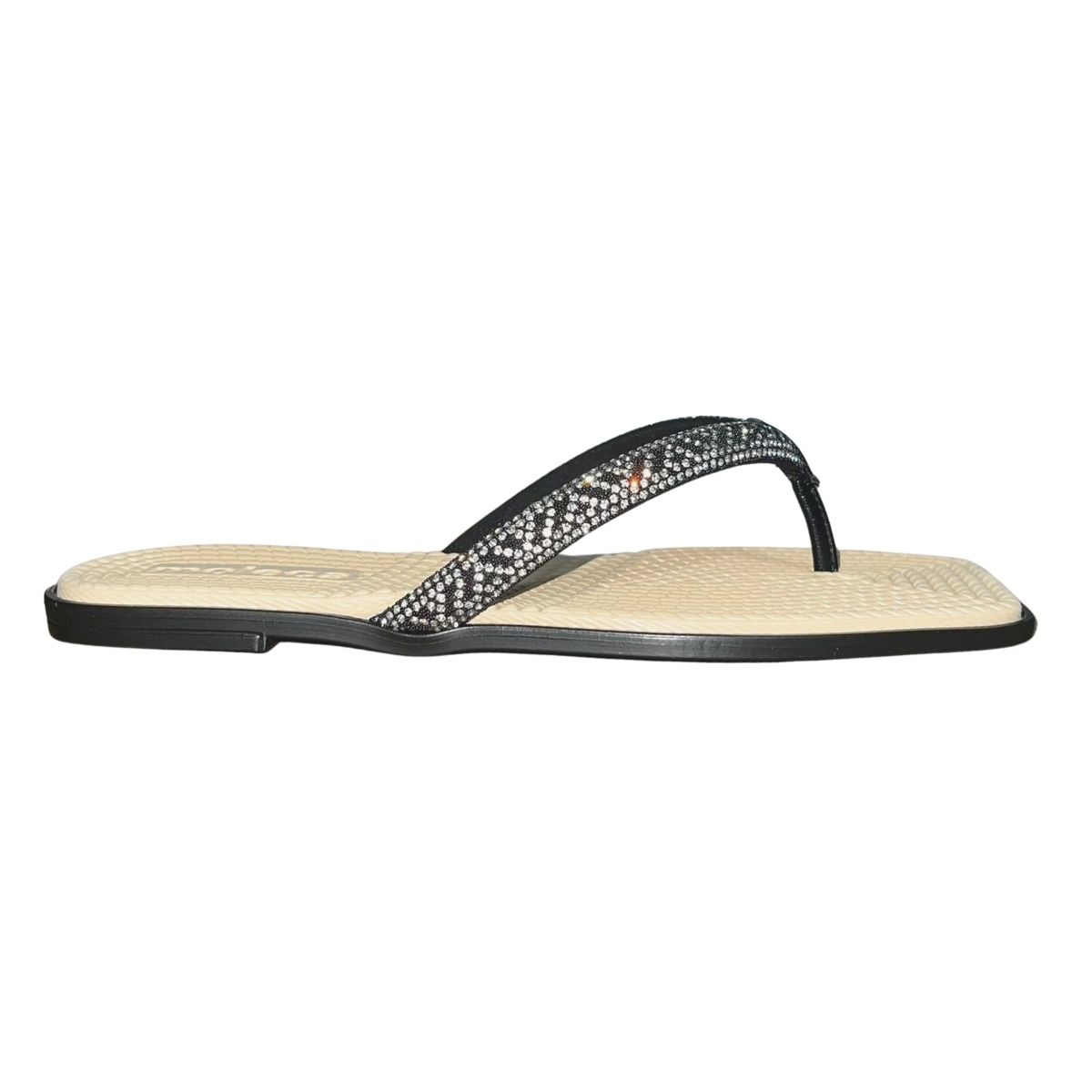 Chinelo Rasteiro de Dedo com Strass Feminino Moleca 5558.100 Preto Bege