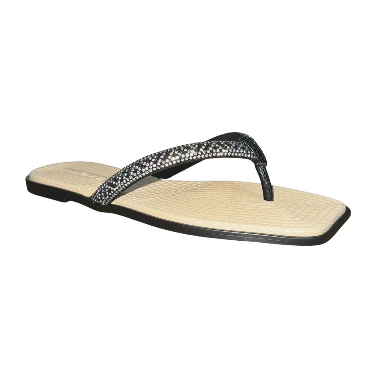 Chinelo Rasteiro de Dedo com Strass Feminino Moleca 5558.100 Preto Bege Preto 3