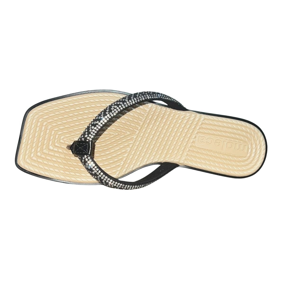 Chinelo Rasteiro de Dedo com Strass Feminino Moleca 5558.100 Preto Bege Preto 4
