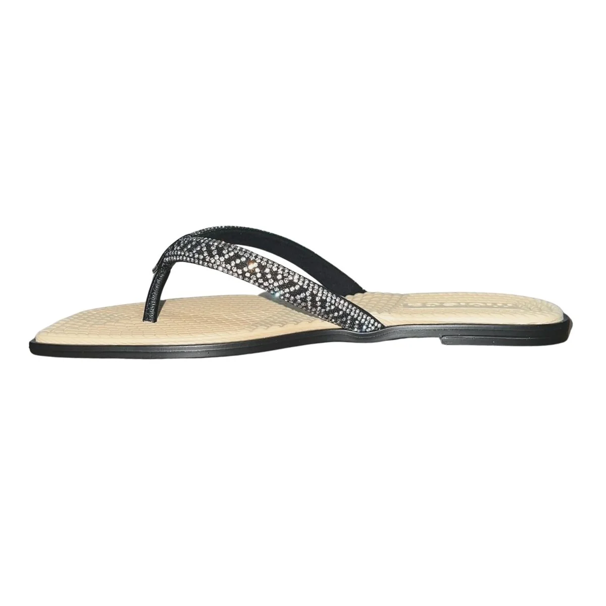 Chinelo Rasteiro de Dedo com Strass Feminino Moleca 5558.100 Preto Bege Preto 5