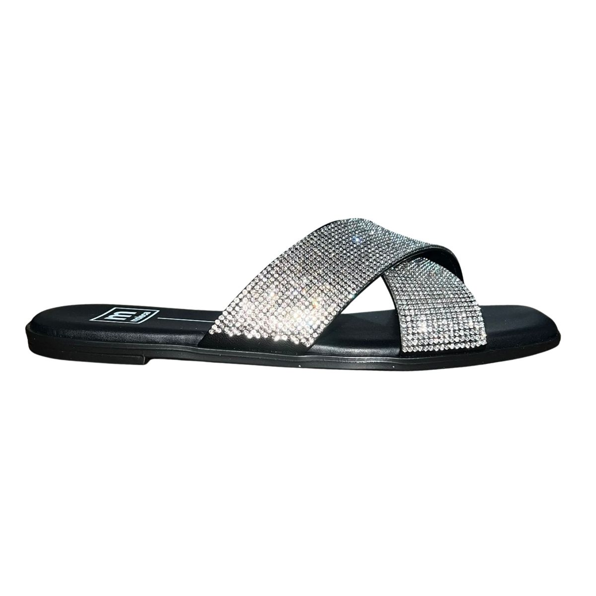 Chinelo Rasteiro Slide de Tira Cruzada Strass Feminino Moleca 5560.105 Preto