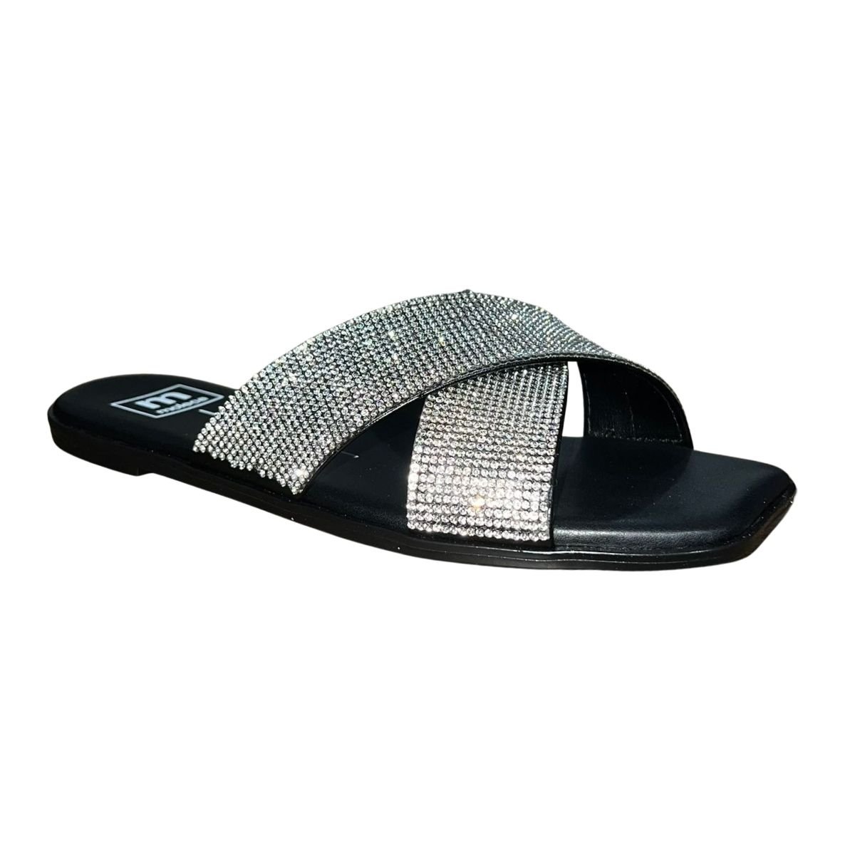 Chinelo Rasteiro Slide de Tira Cruzada Strass Feminino Moleca 5560.105 Preto Preto 3