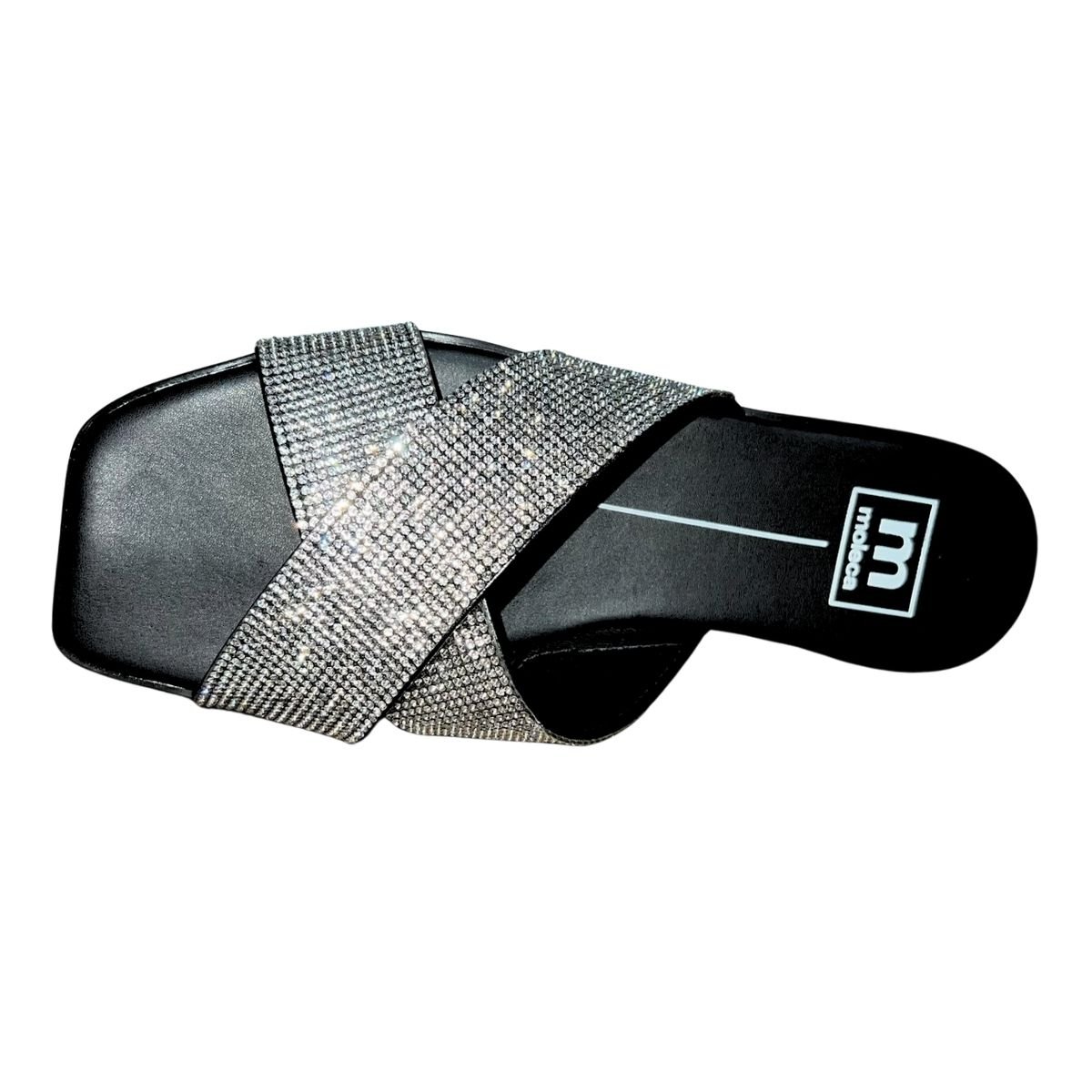 Chinelo Rasteiro Slide de Tira Cruzada Strass Feminino Moleca 5560.105 Preto Preto 4