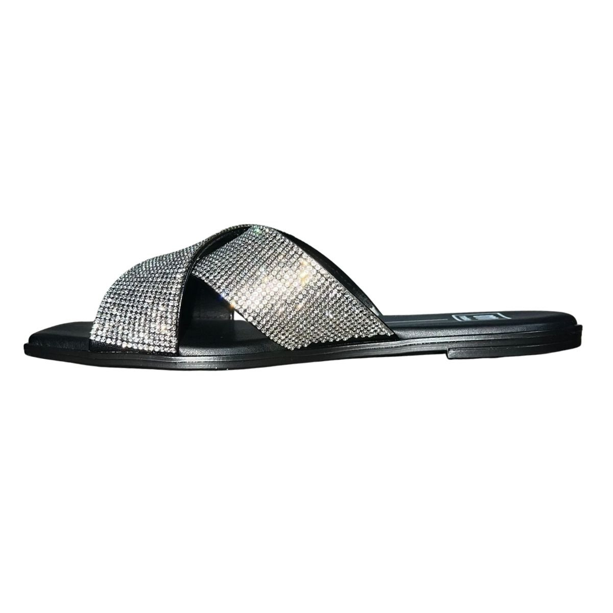 Chinelo Rasteiro Slide de Tira Cruzada Strass Feminino Moleca 5560.105 Preto Preto 5