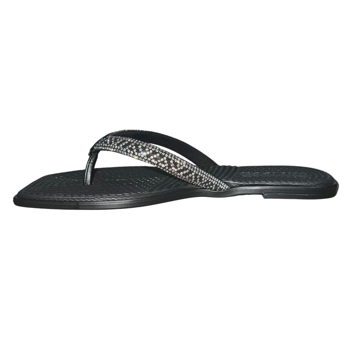 Chinelo Rasteiro de Dedo com Strass Feminino Moleca 5558.100 Preto Preto 5