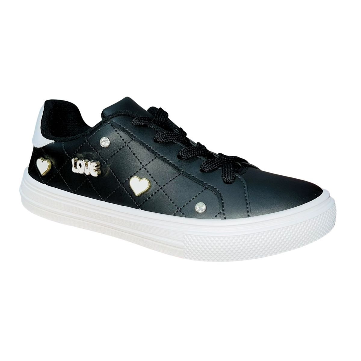 Tênis Casual Matelassê com Aplique Metálico Feminino Moleca 5796.115 Preto Preto 3