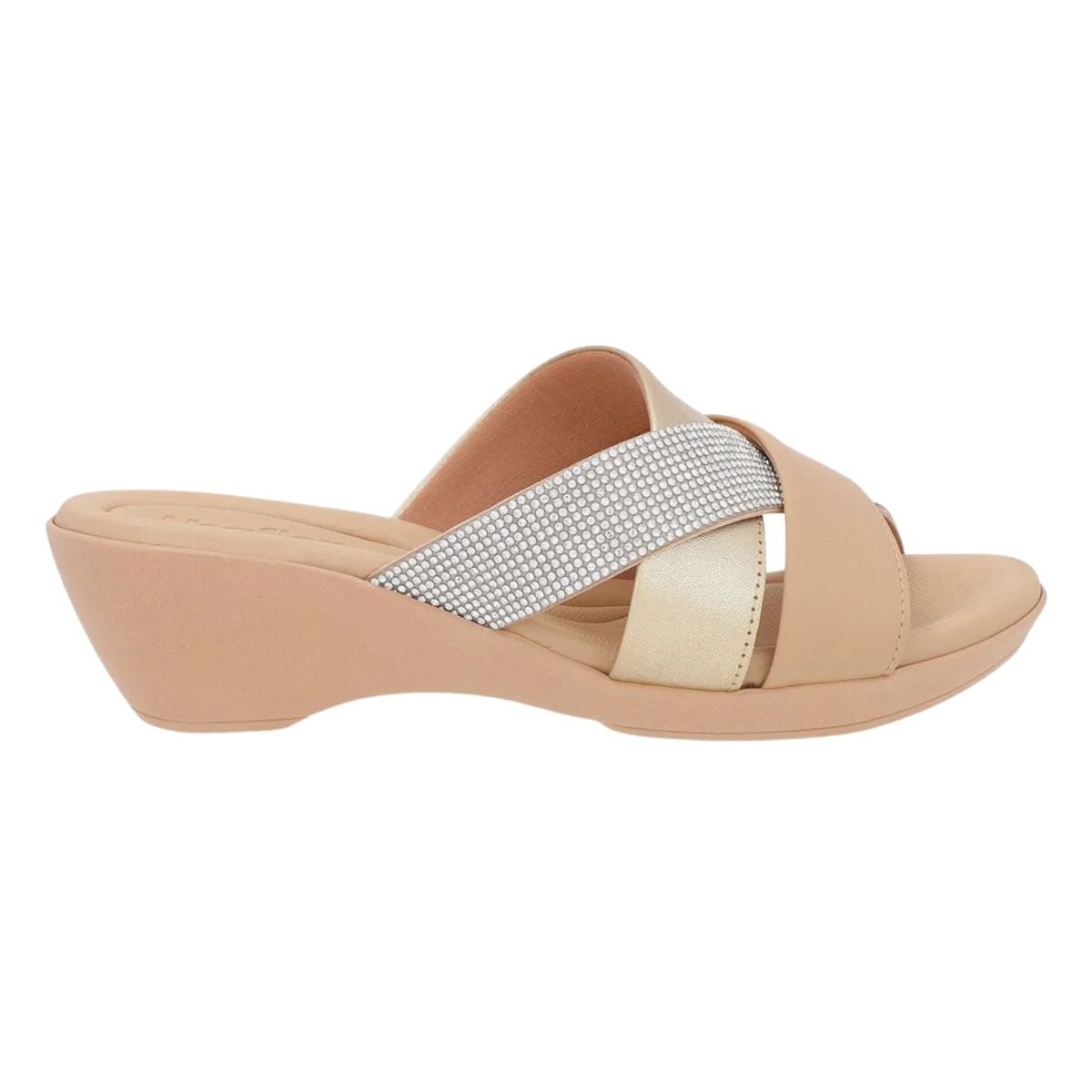 Tamanco Salto Anabela de Couro Detalhe em Strass Feminino Usaflex PA01002001 Dourado