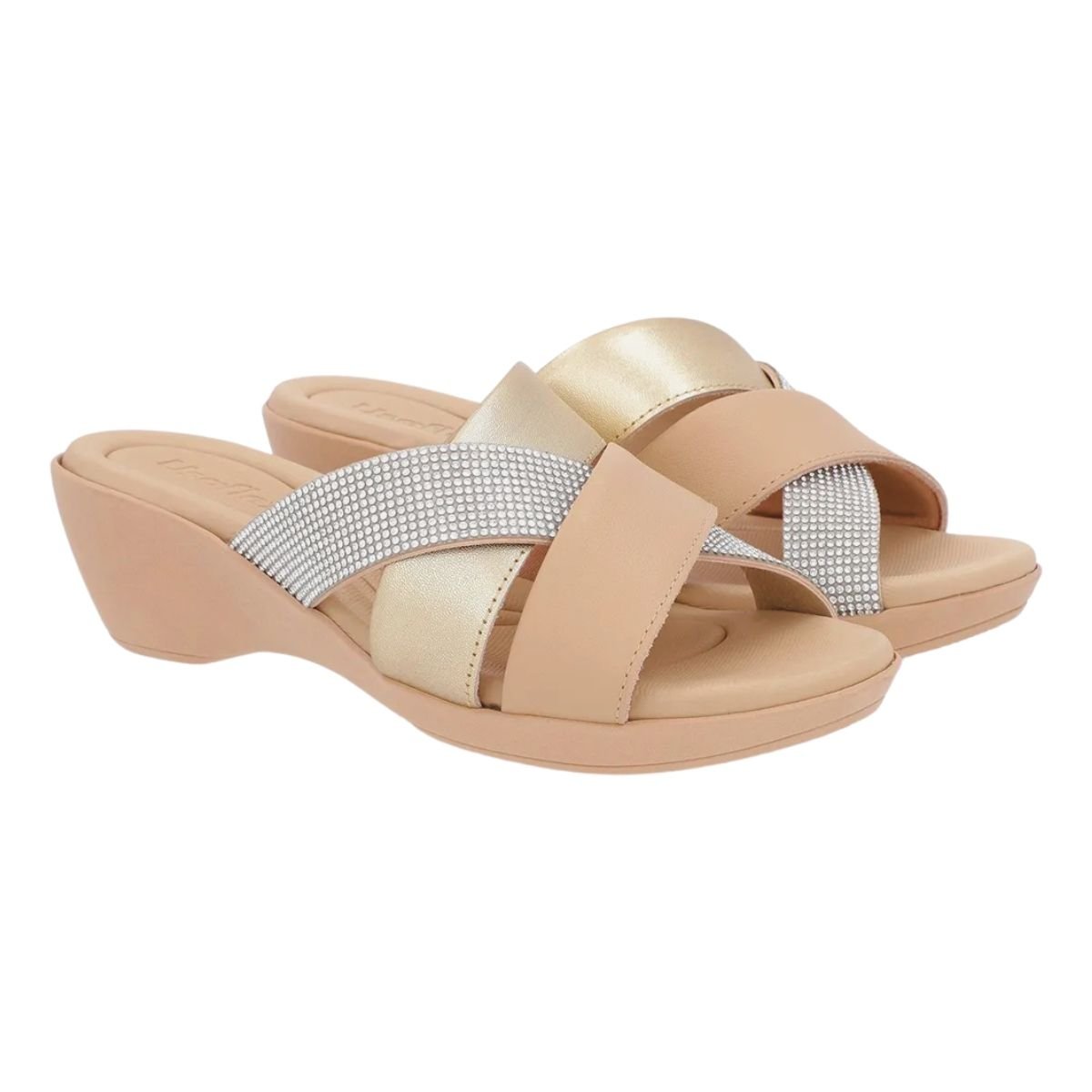 Tamanco Salto Anabela de Couro Detalhe em Strass Feminino Usaflex PA01002001 Dourado Bege 2