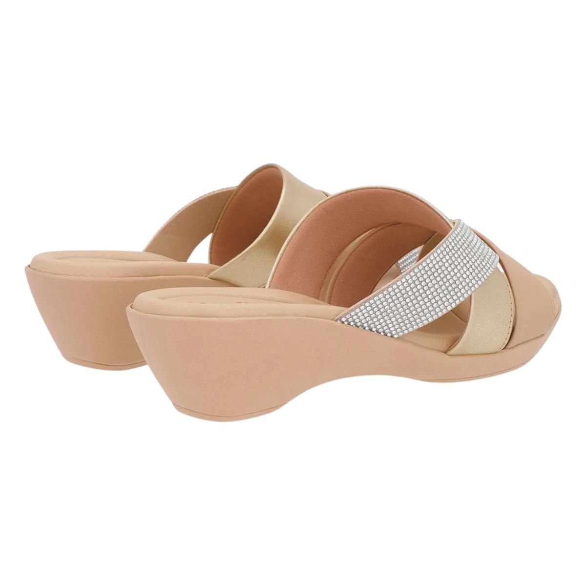 Tamanco Salto Anabela de Couro Detalhe em Strass Feminino Usaflex PA01002001 Dourado Bege 3