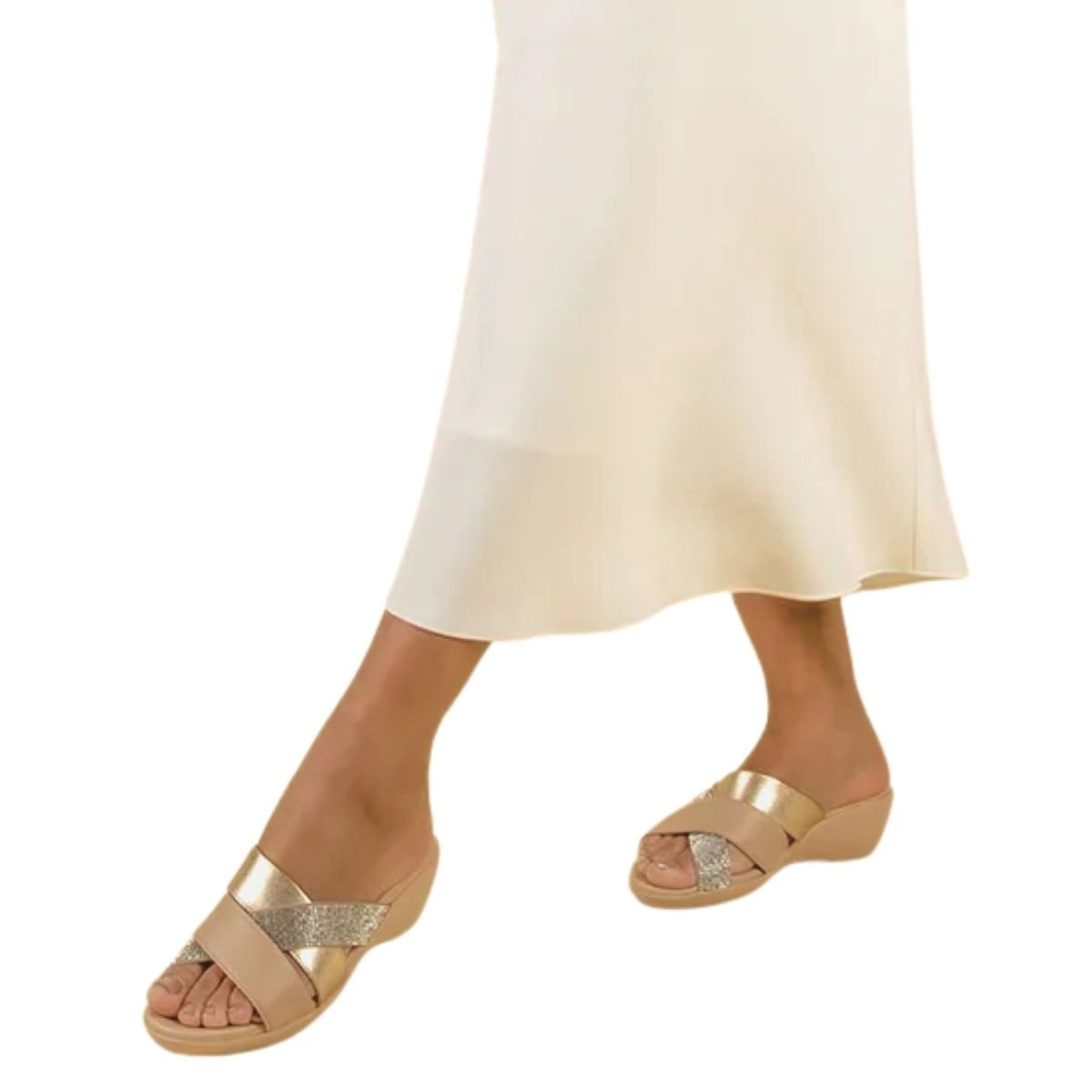 Tamanco Salto Anabela de Couro Detalhe em Strass Feminino Usaflex PA01002001 Dourado Bege 5