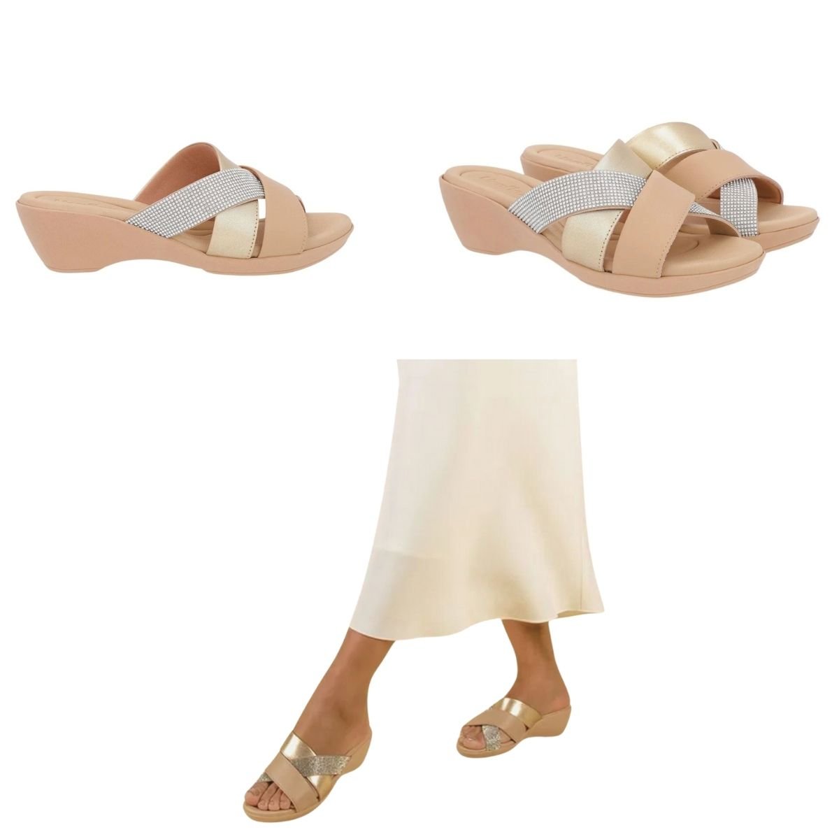 Tamanco Salto Anabela de Couro Detalhe em Strass Feminino Usaflex PA01002001 Dourado Bege 6