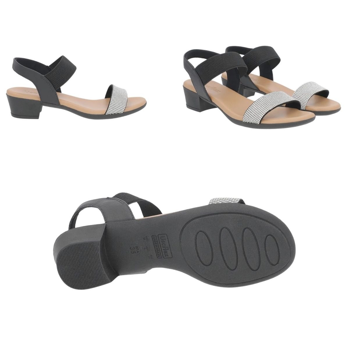 Sandália Salto Bloco de Couro Detalhe em Strass Feminino Usaflex PA02001002 Preto Preto 6