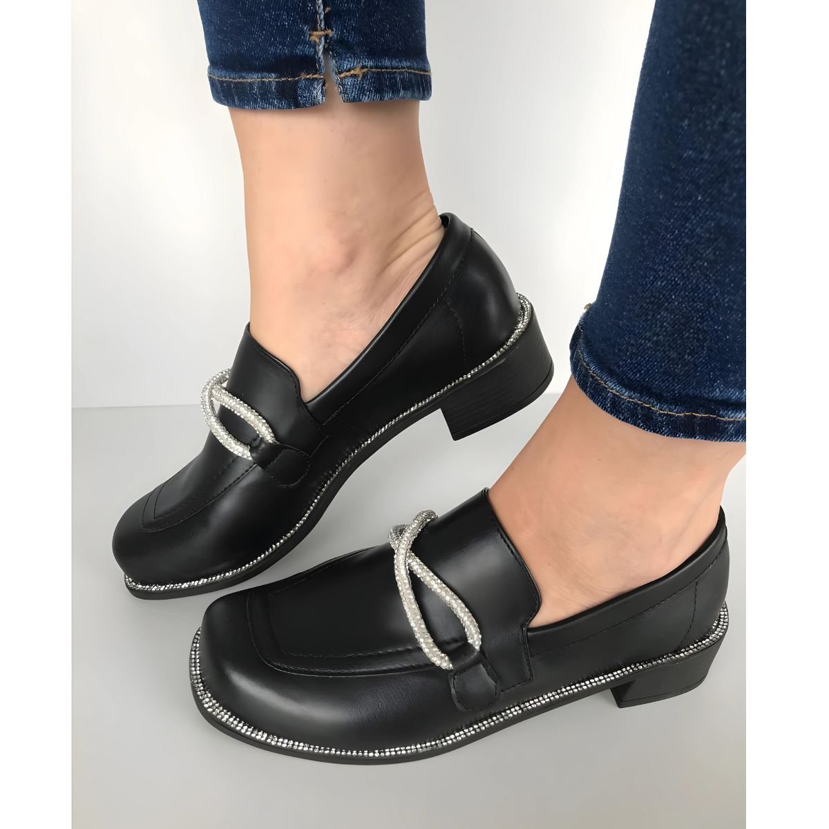 Sapato Loafer Feminino Betânia Com Strass Preto Preto 9