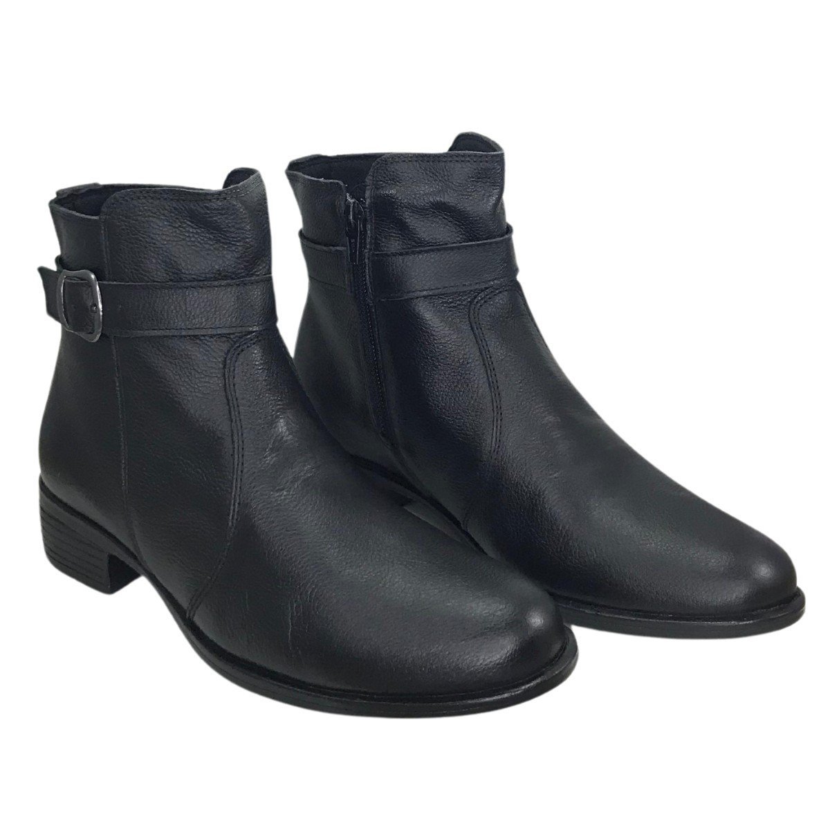 Bota Feminina Cano Curto Couro Com Fivela Cival Shoes Preta Preto 5