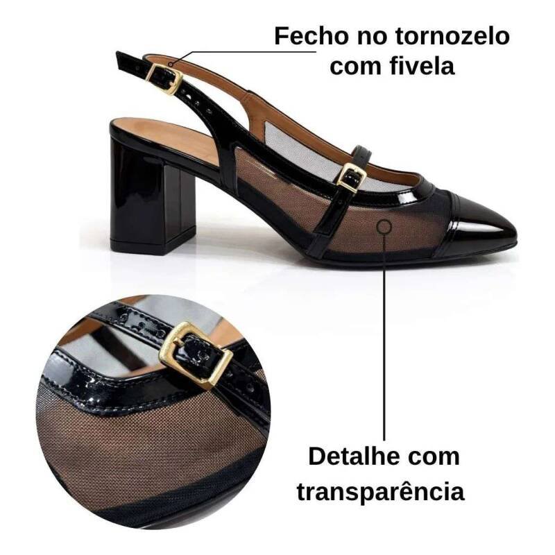 Sapato Vizzano Slingback Tela Salto Grosso - Preto Preto 2