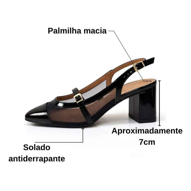 Sapato Vizzano Slingback Tela Salto Grosso - Preto Preto 3