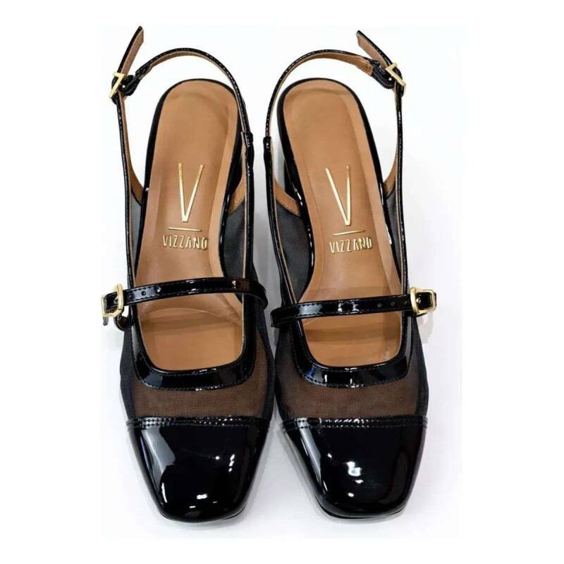 Sapato Vizzano Slingback Tela Salto Grosso - Preto Preto 5