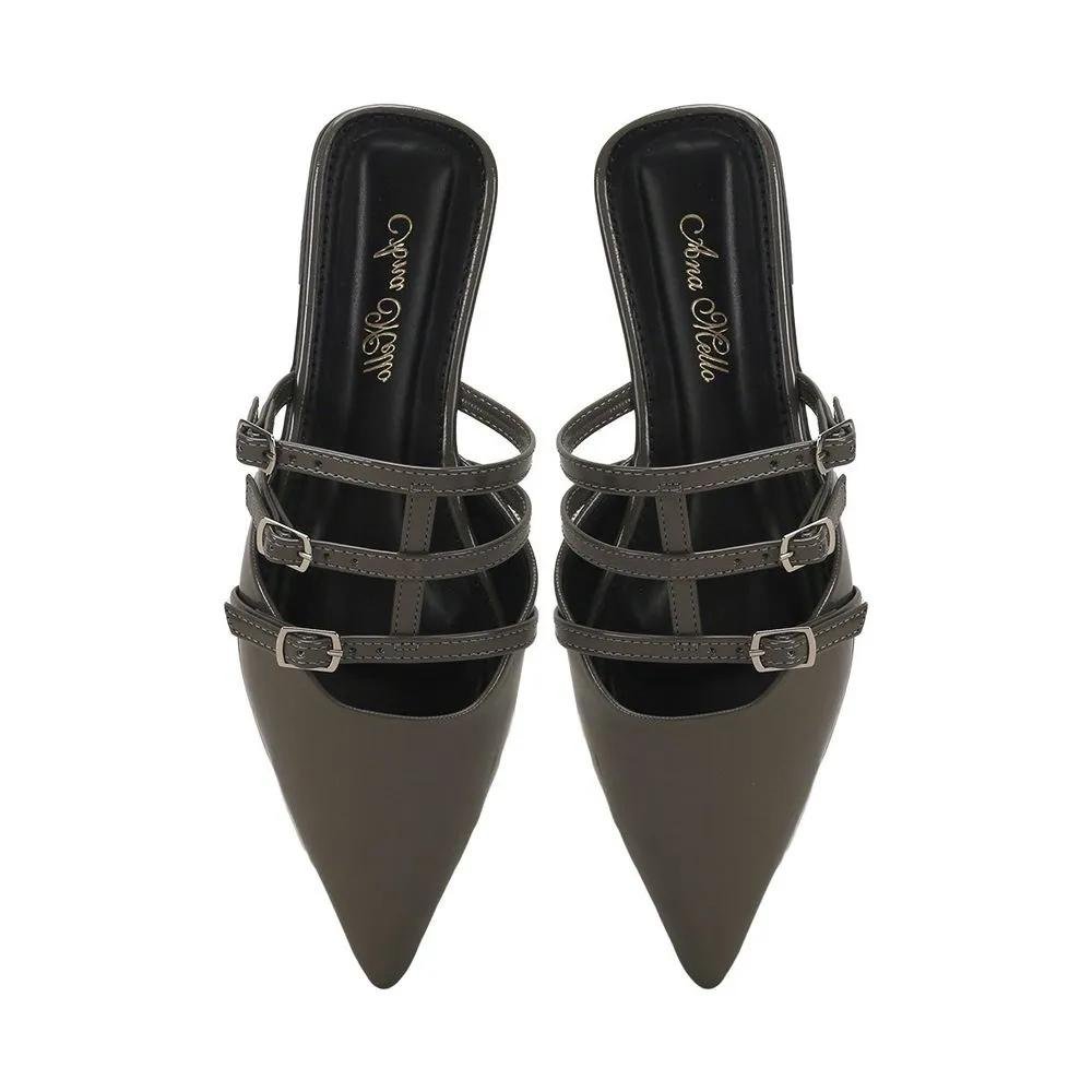 Mule bico fino verniz cinza com 3 fivelas Verde 2