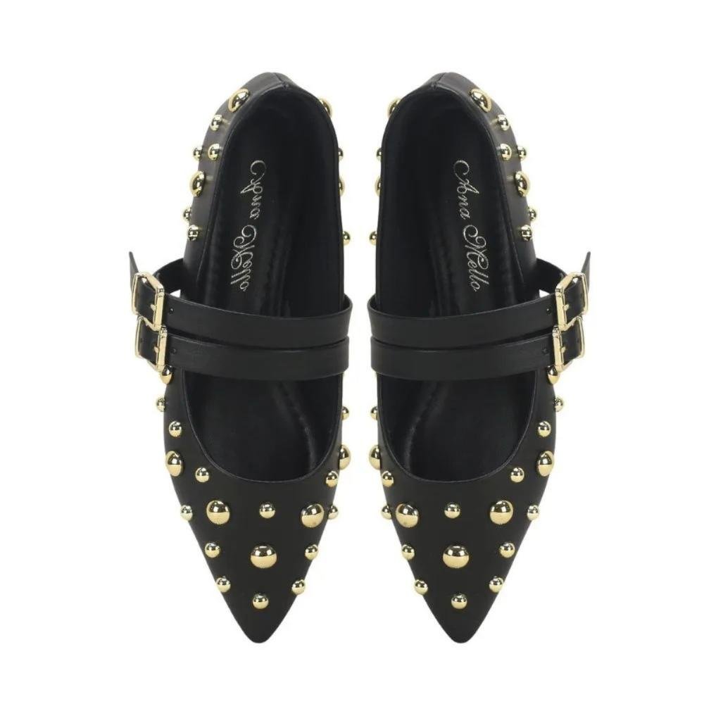 Sapatilha Esferas Metal Dourado Elegância Estilo Ana Mello Preto/Dourado 2