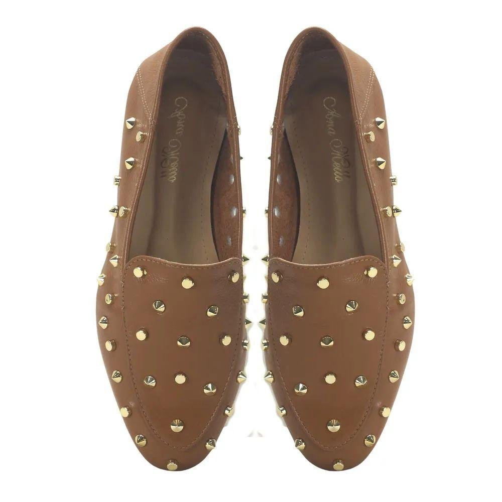 Mocassim em couro caramelo enfeites ouro Marrom 2