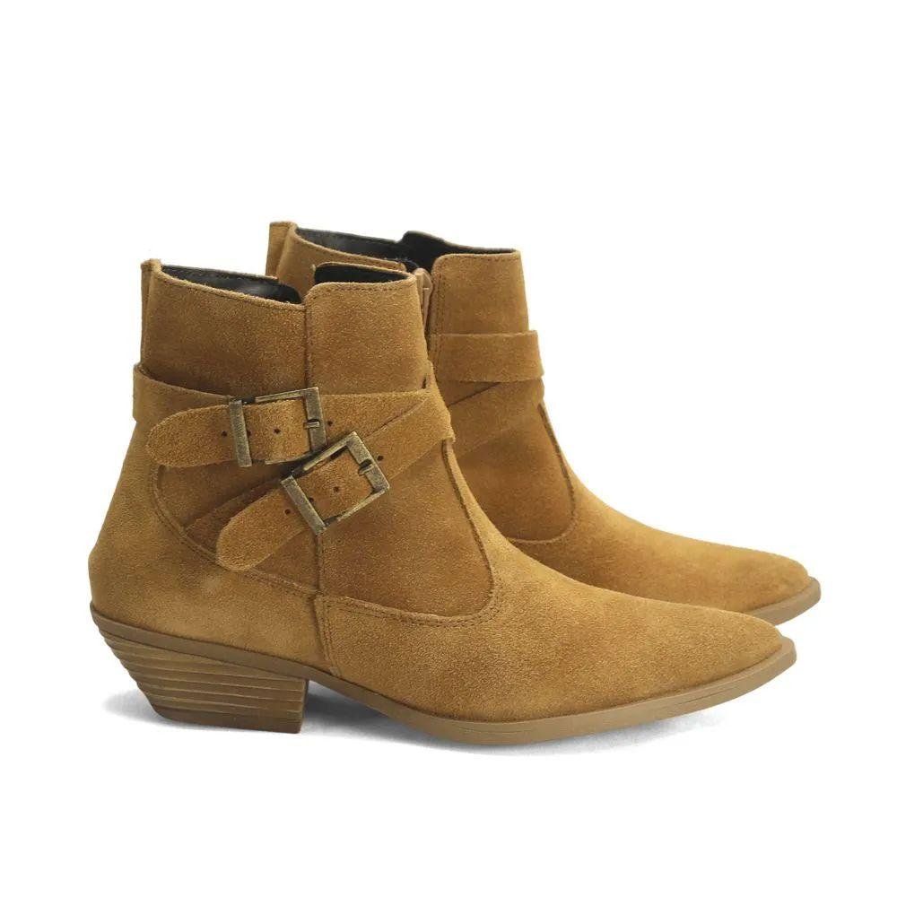 Bota Western Couro Camurça Caramelo Ana Mello Elegante