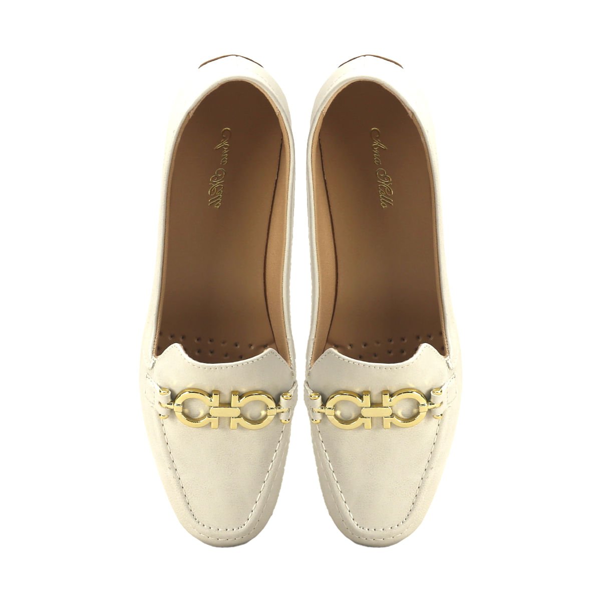 Mocassim Clássico com Enfeite Metal Dourado Ana Mello Bege 2
