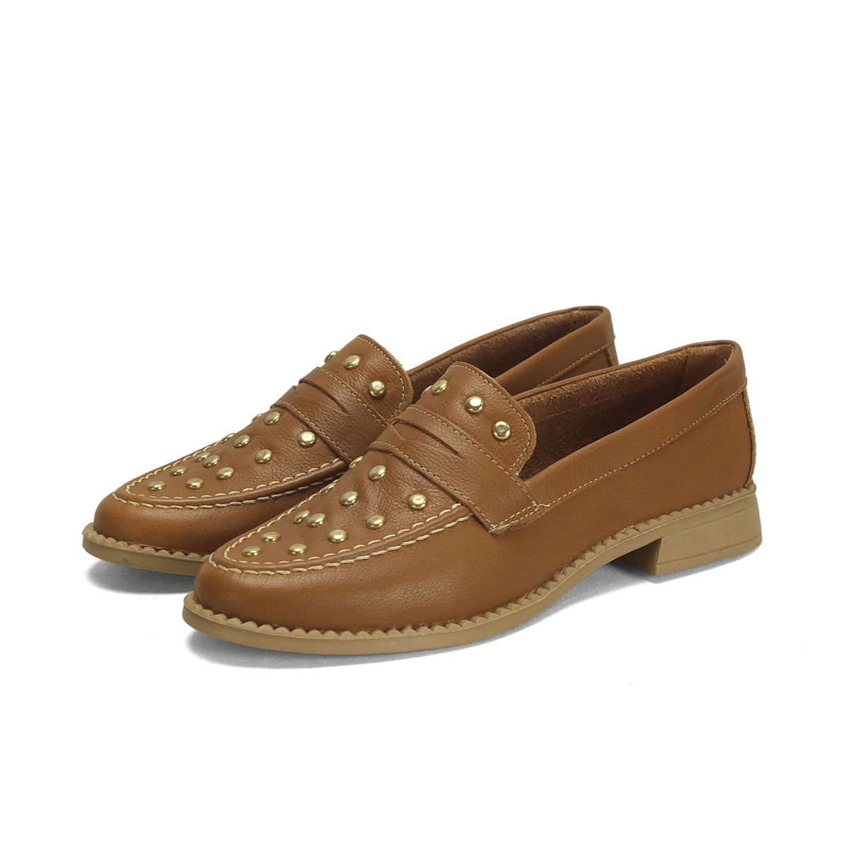 Mocassim couro fly caramelo com aplicações dourdado Marrom 2