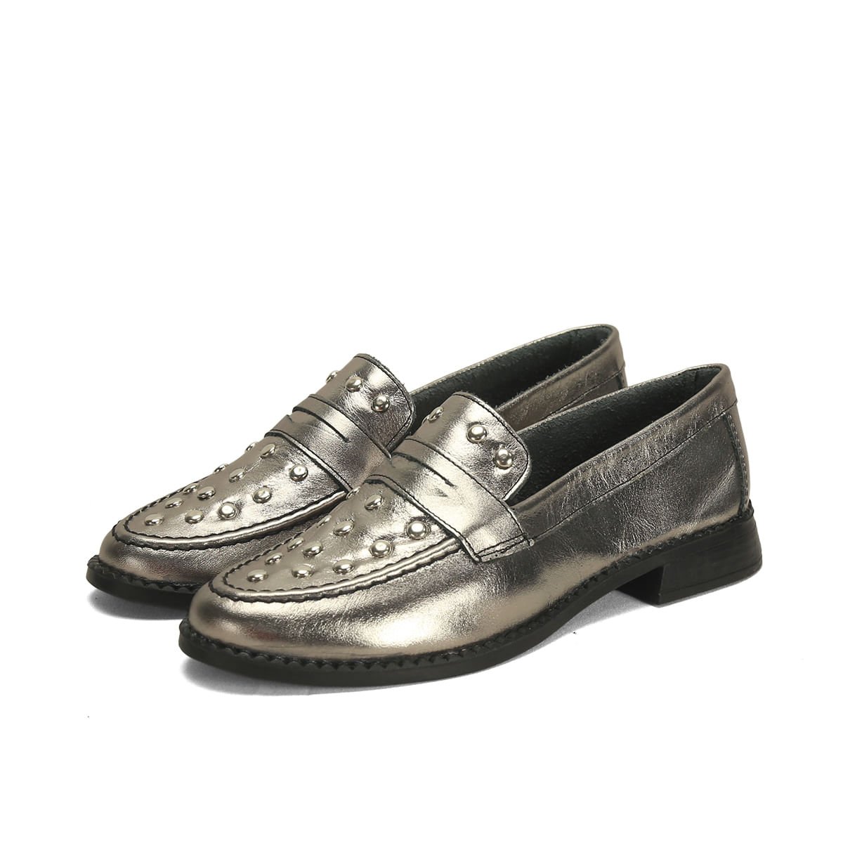 Mocassim couro metalizado ônix com aplicações ônix Prata 2