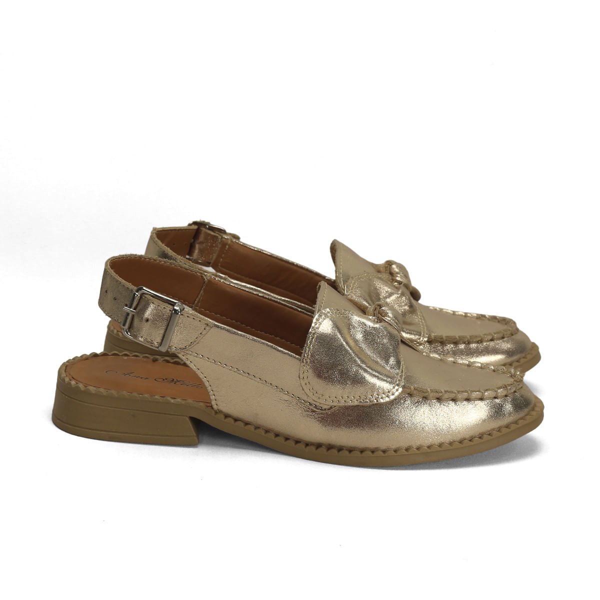 Mocassim Slingback Couro Metalizado Dourado Laço