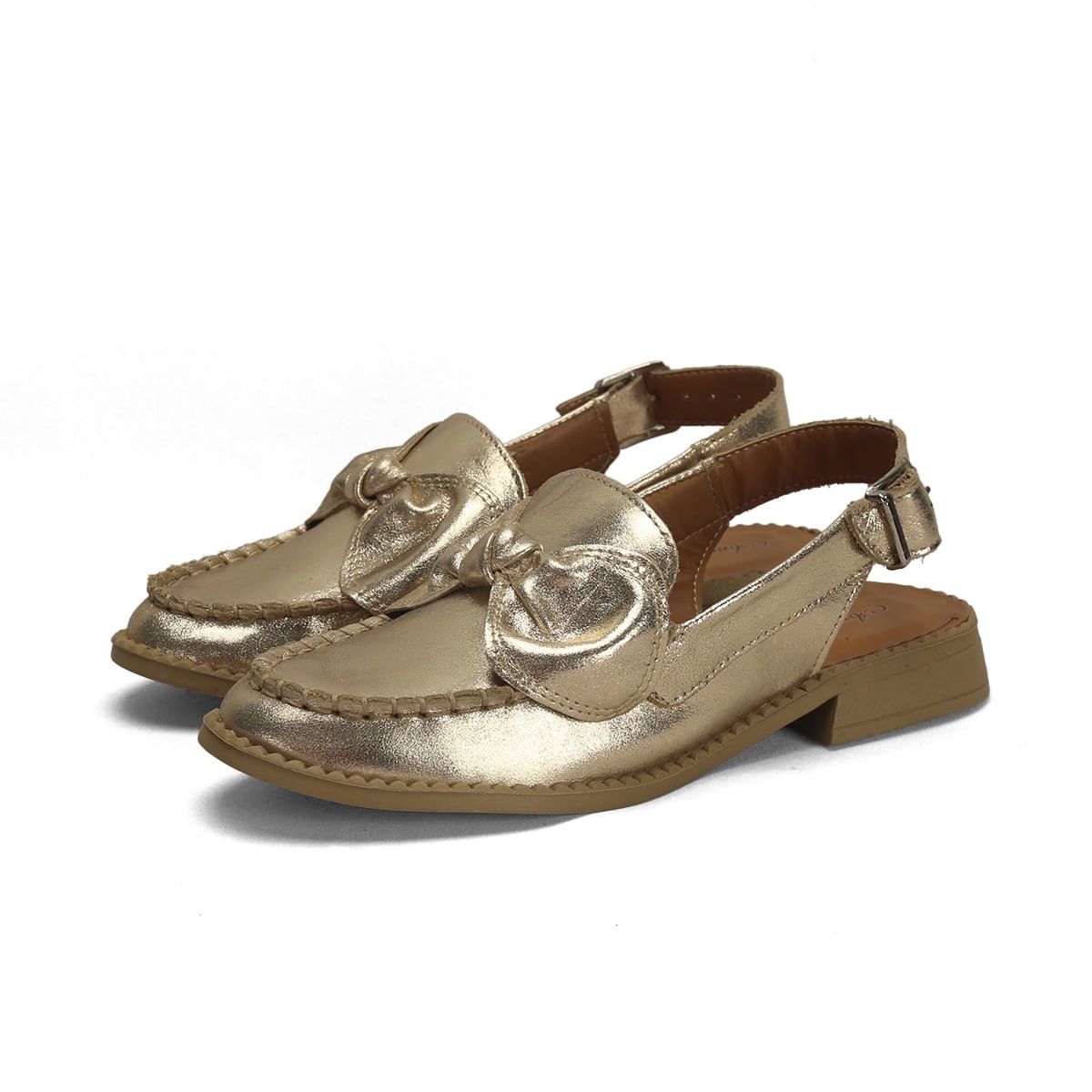 Mocassim Slingback Couro Metalizado Dourado Laço Dourado 2