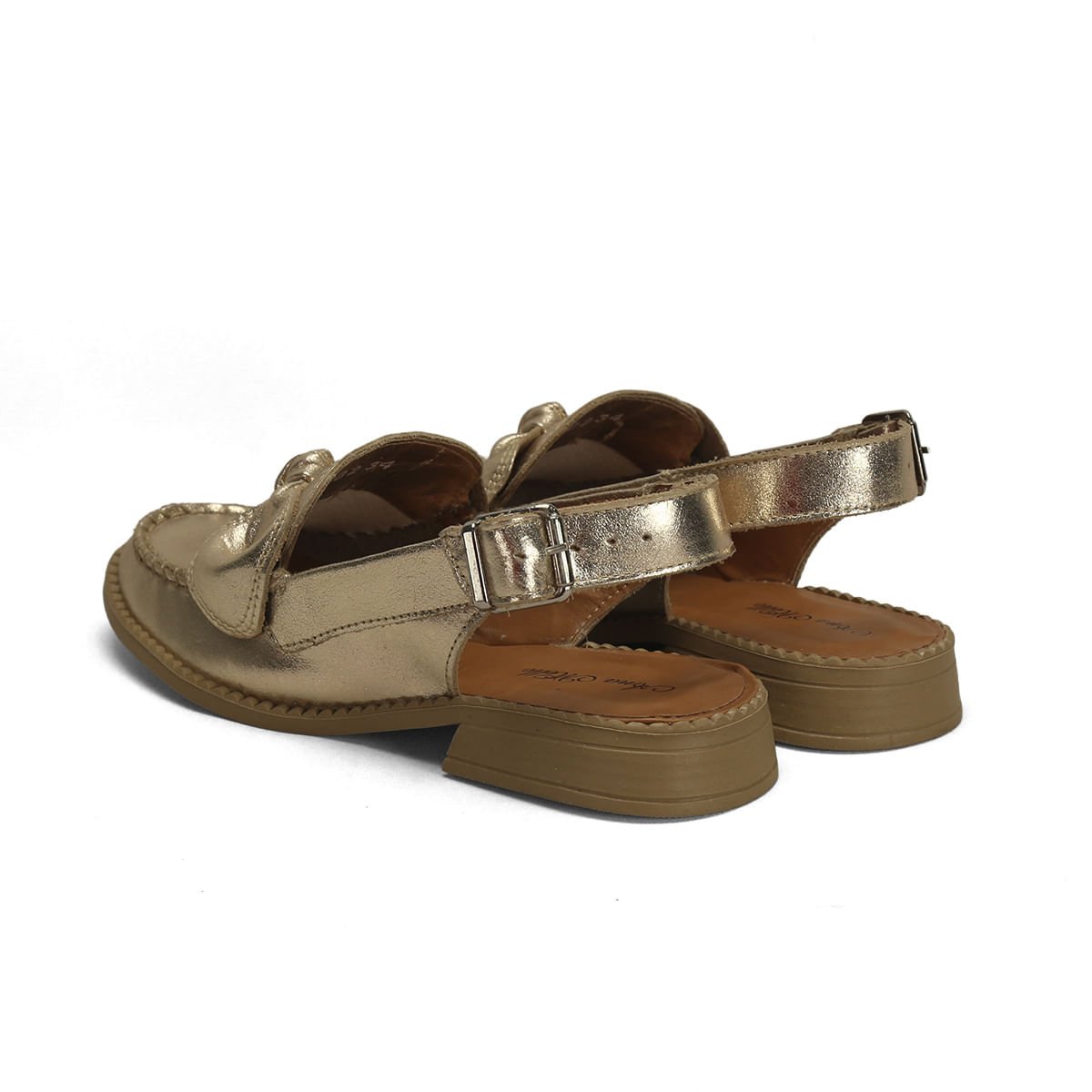 Mocassim Slingback Couro Metalizado Dourado Laço Dourado 3
