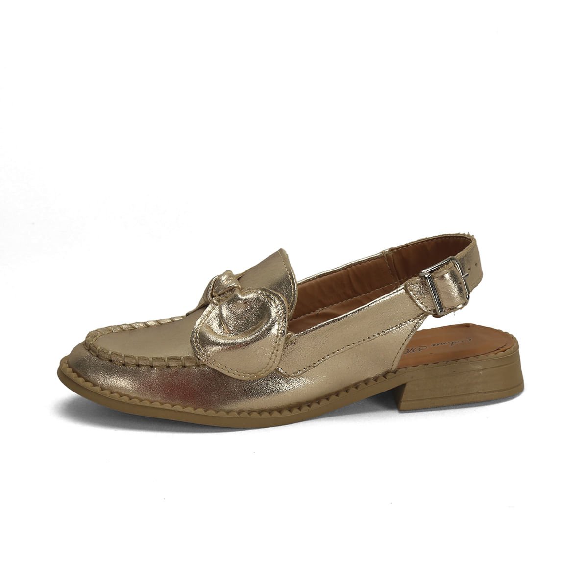 Mocassim Slingback Couro Metalizado Dourado Laço Dourado 4