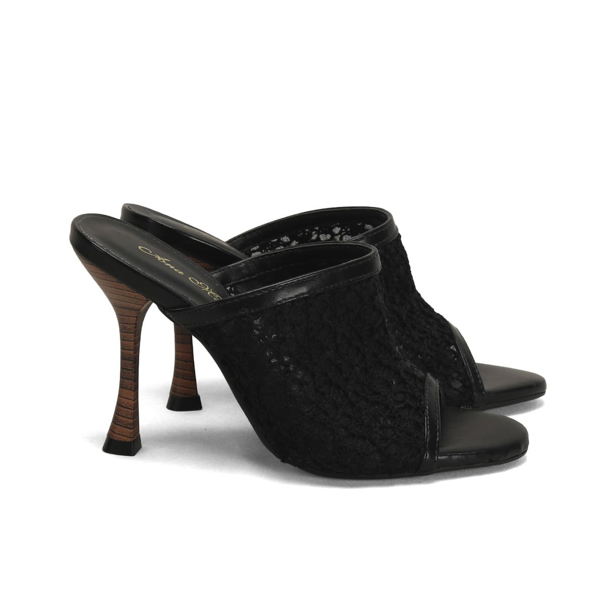 Mule Crochê Salto Preto 10,5cm Sintético