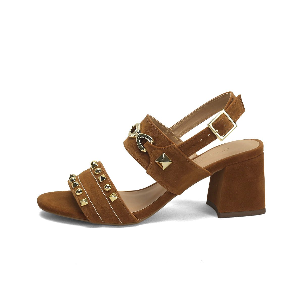 Sandália Boho Caramelo Metal Dourado 7cm Camurça Marrom 4