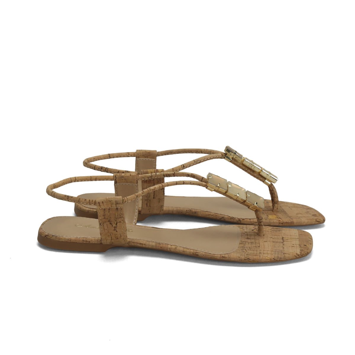 Rasteira cortiça calce fácil com pedras off white