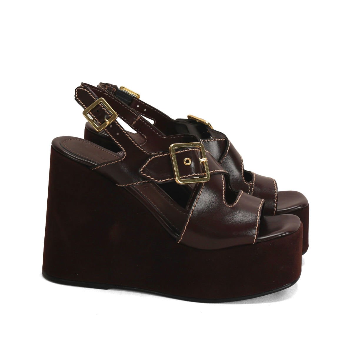 Sandália Anabela Napa Café 12cm Pespontado Confortável