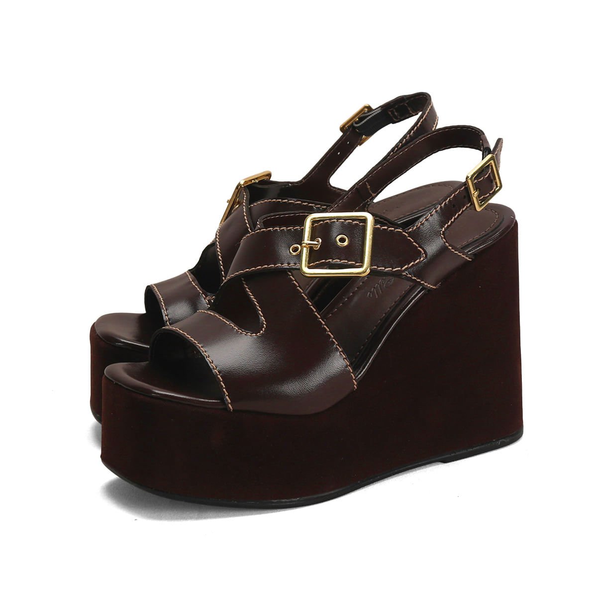 Sandália Anabela Napa Café 12cm Pespontado Confortável Café 2