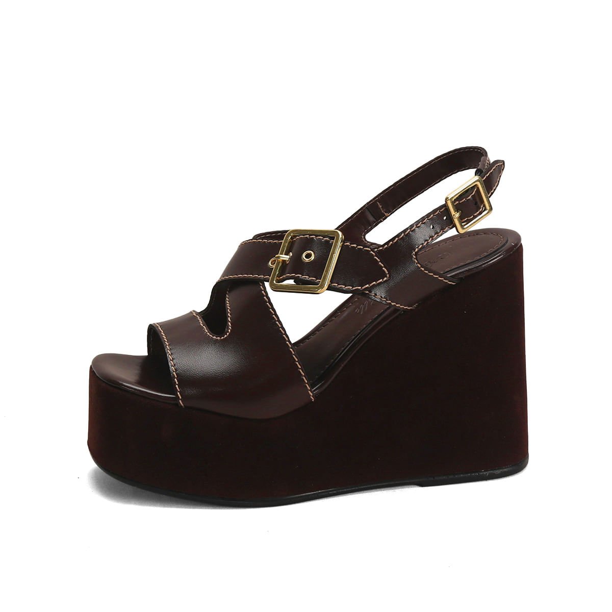 Sandália Anabela Napa Café 12cm Pespontado Confortável Café 4