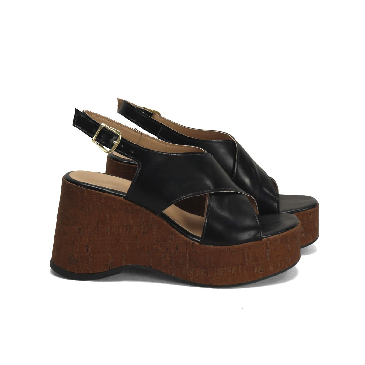 Sandália anabela em x preta com cortiça chocolate