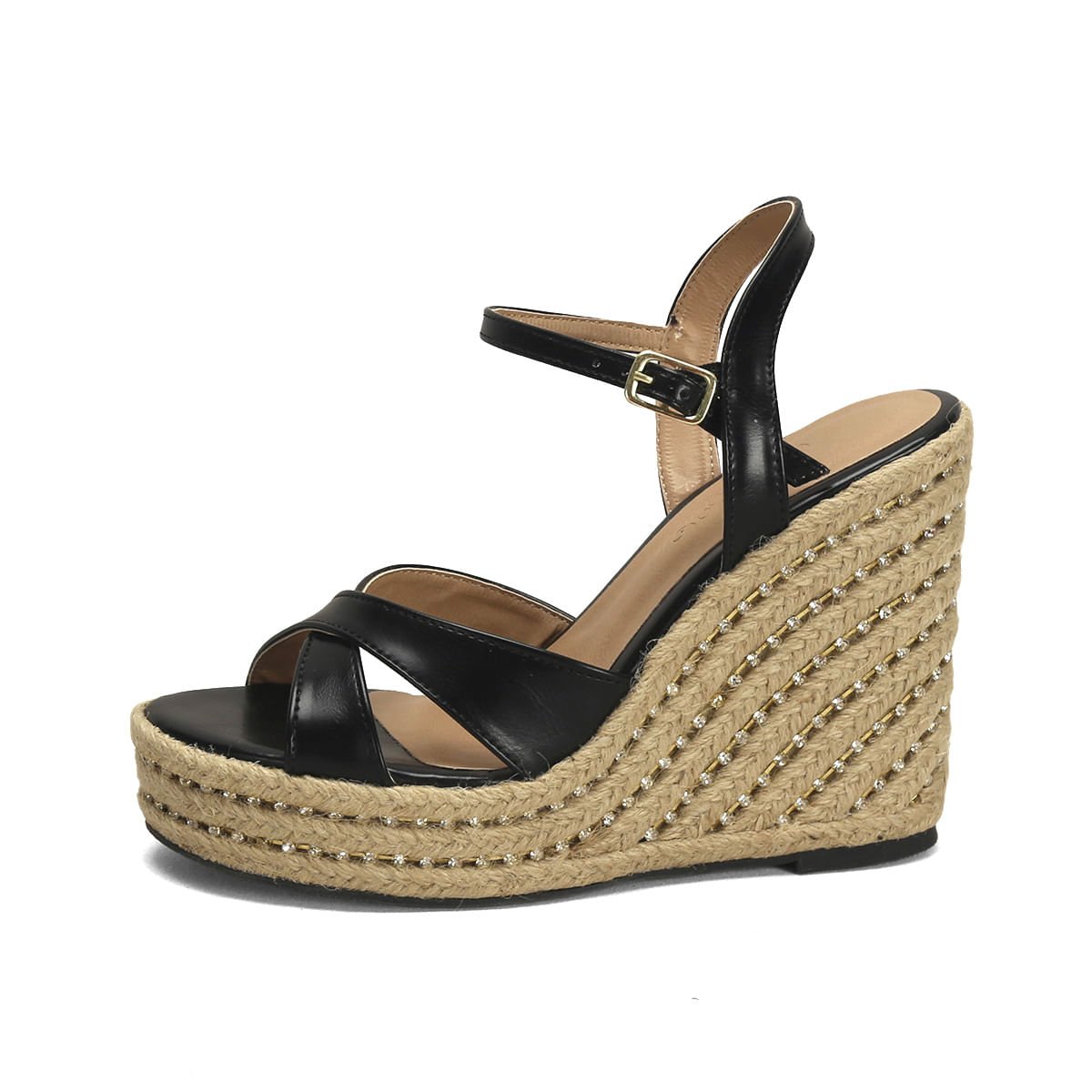 Sandália Anabela Preta Cravejado Strass 11,5cm Preto 4