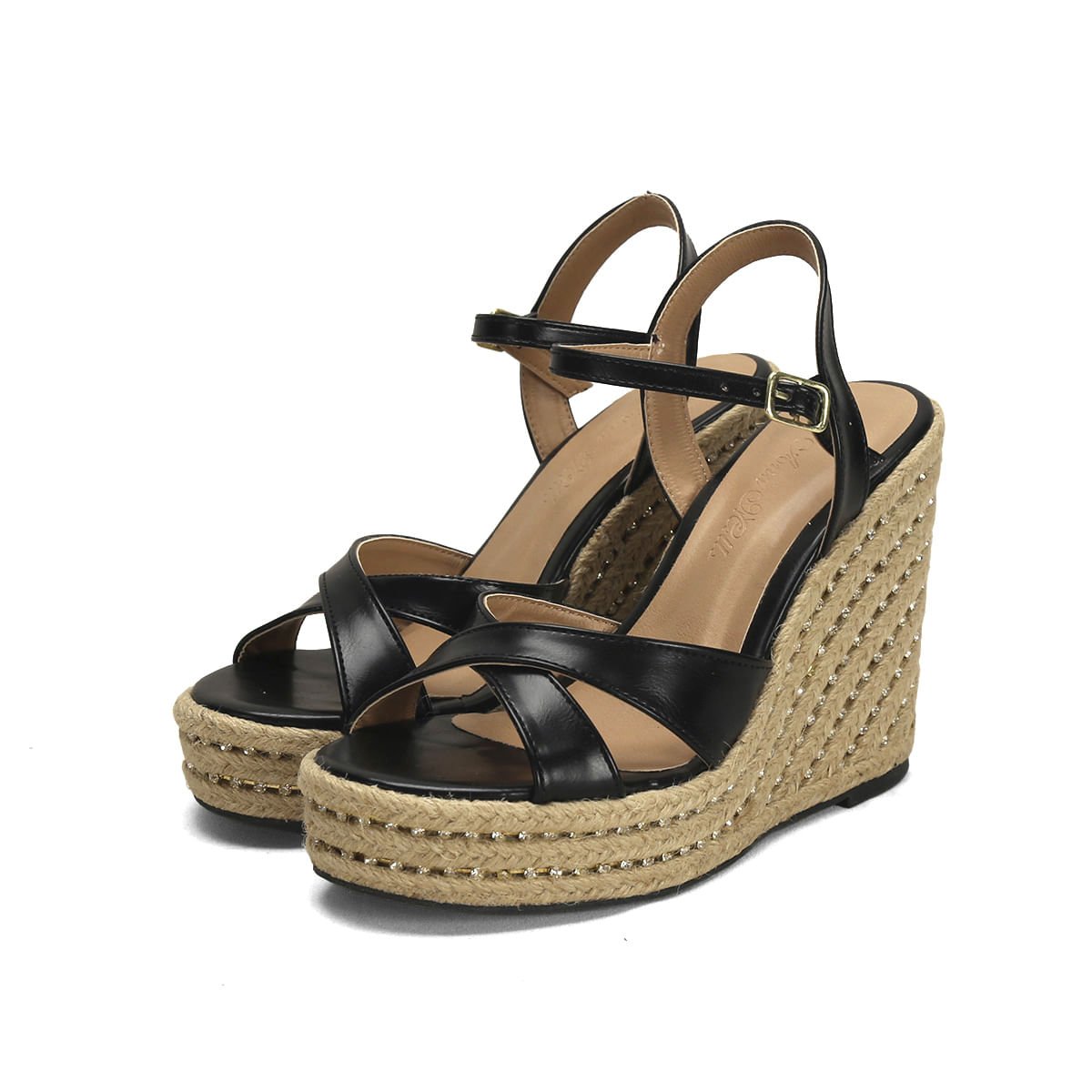 Sandália Anabela Preta Cravejado Strass 11,5cm Preto 2